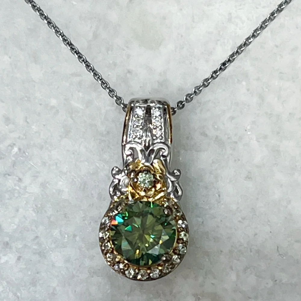 Green and White Moissanite Green Sapphire Sterling Silver Pendant 20” Necklace - Picture 5 of 11